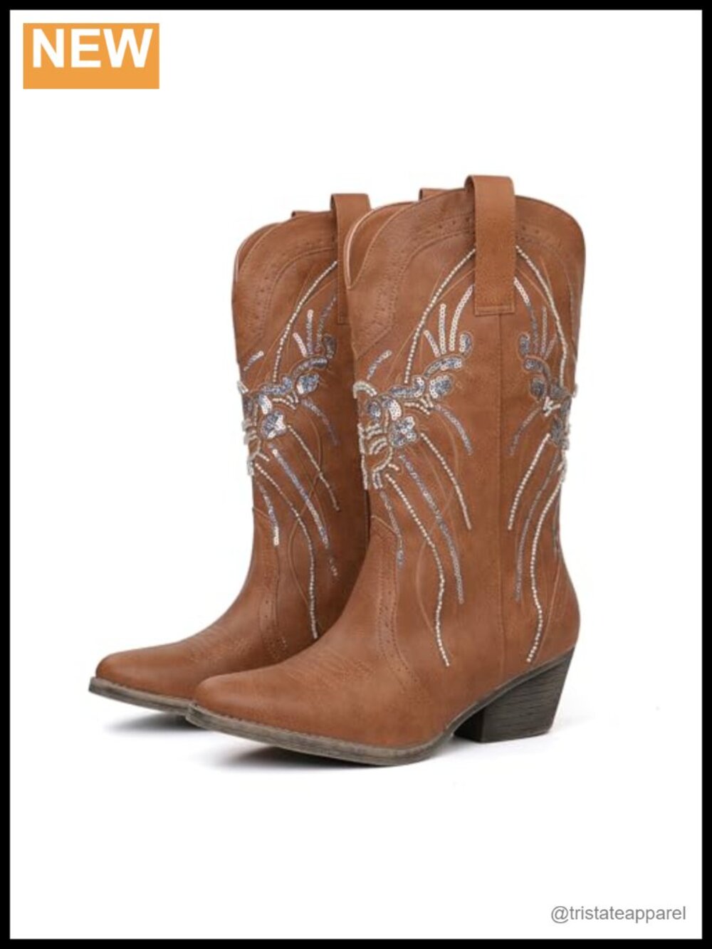 Women's Sequin Embroidered Western Cowboy Boots Synthetic Leather Mid-Calf